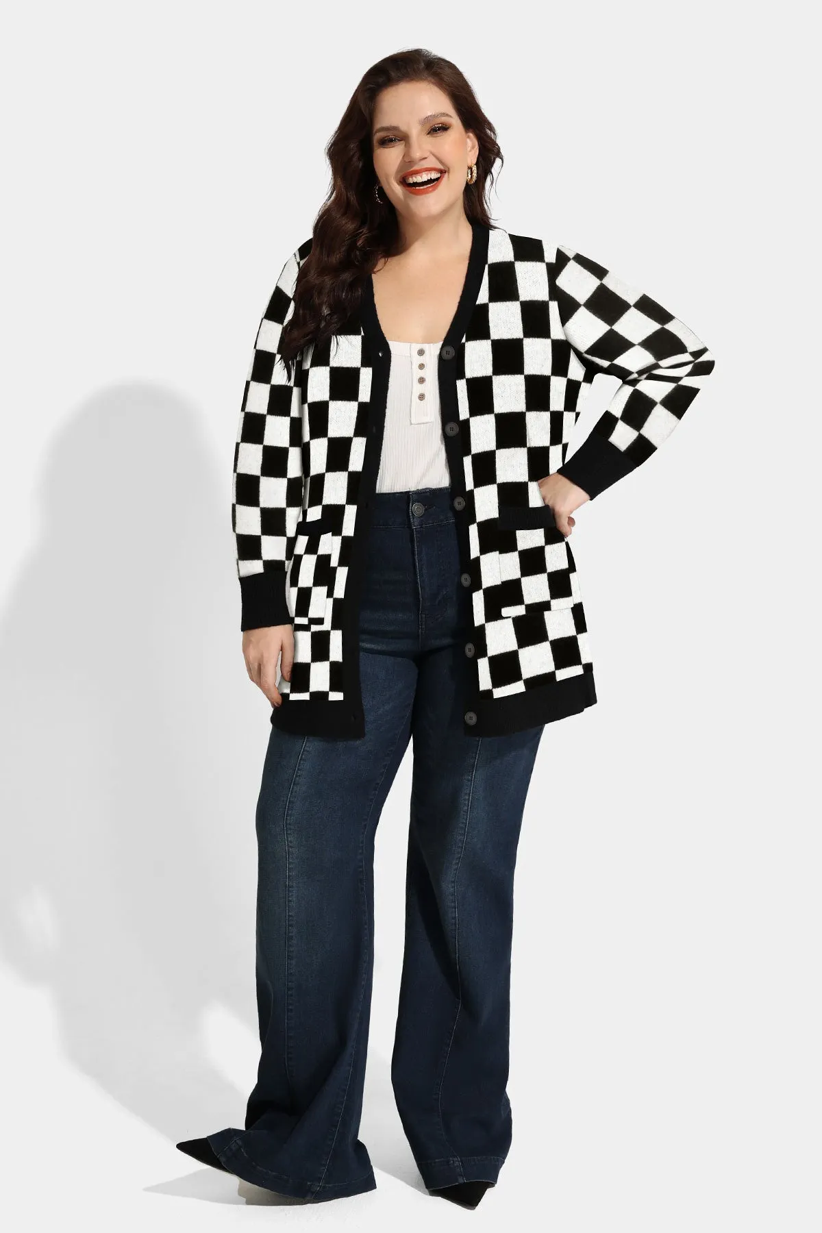 Plaid Checker Pocket Open Front Knit Sweater
