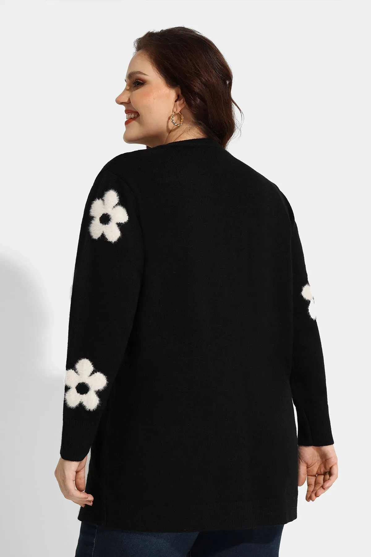 Pocket Floral Print Drop Shoulder Cardigan Sweater