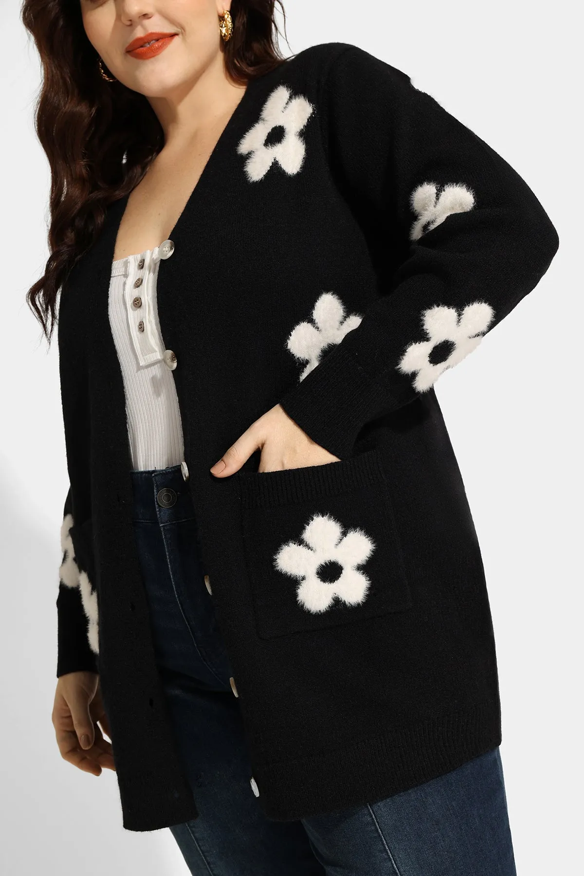 Pocket Floral Print Drop Shoulder Cardigan Sweater