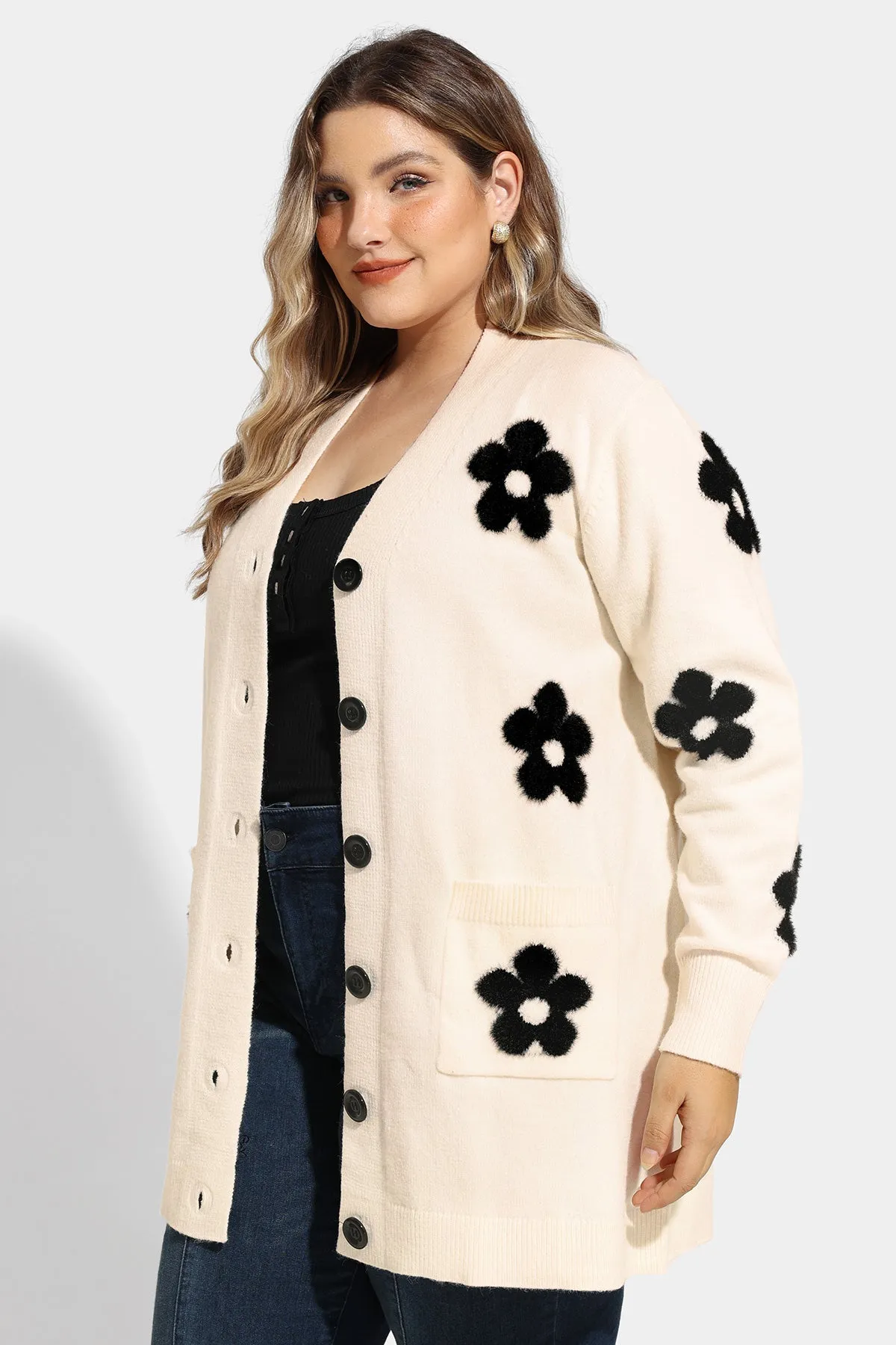 Pocket Floral Print Drop Shoulder Cardigan Sweater