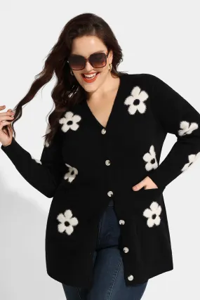 Pocket Floral Print Drop Shoulder Cardigan Sweater