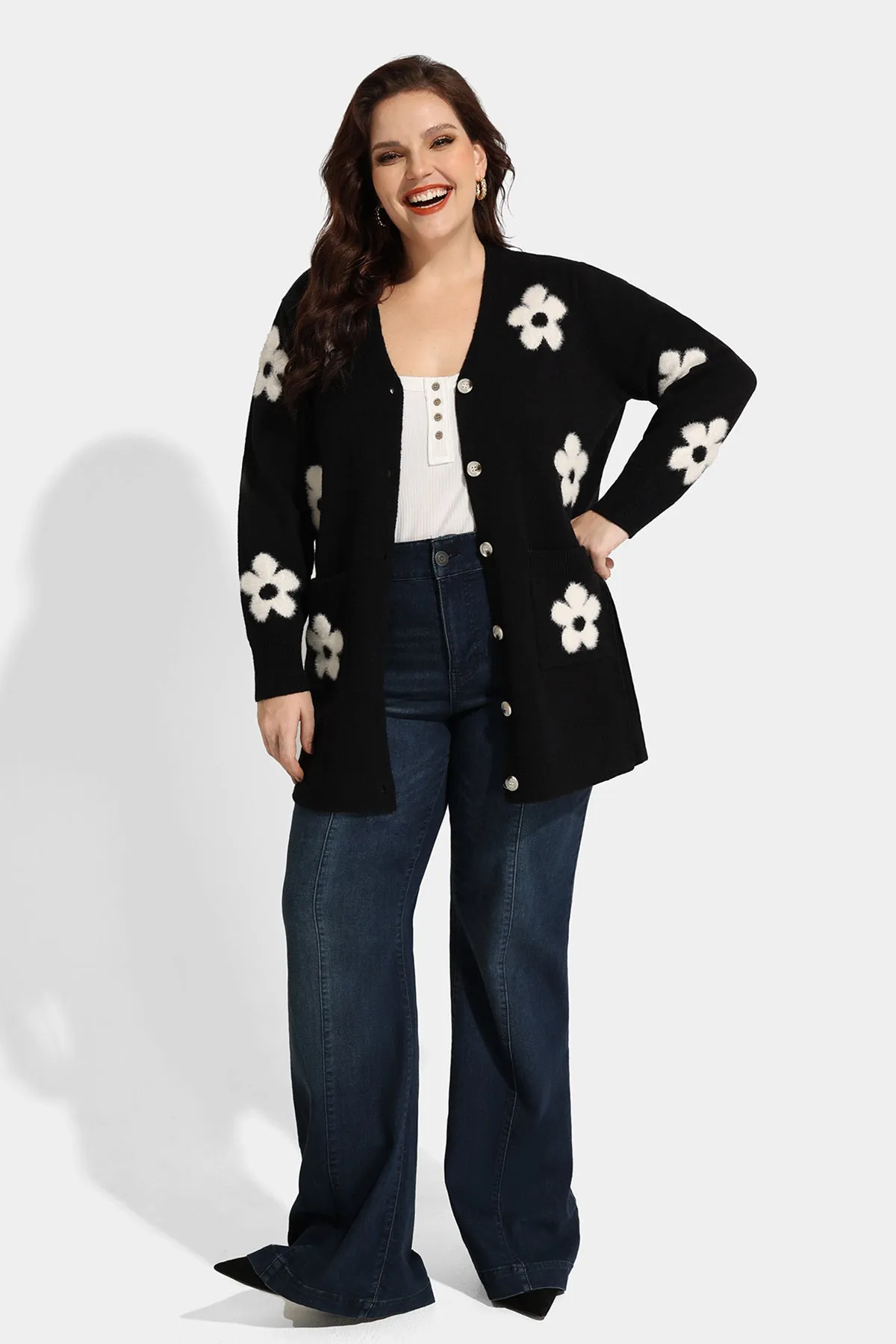 Pocket Floral Print Drop Shoulder Cardigan Sweater