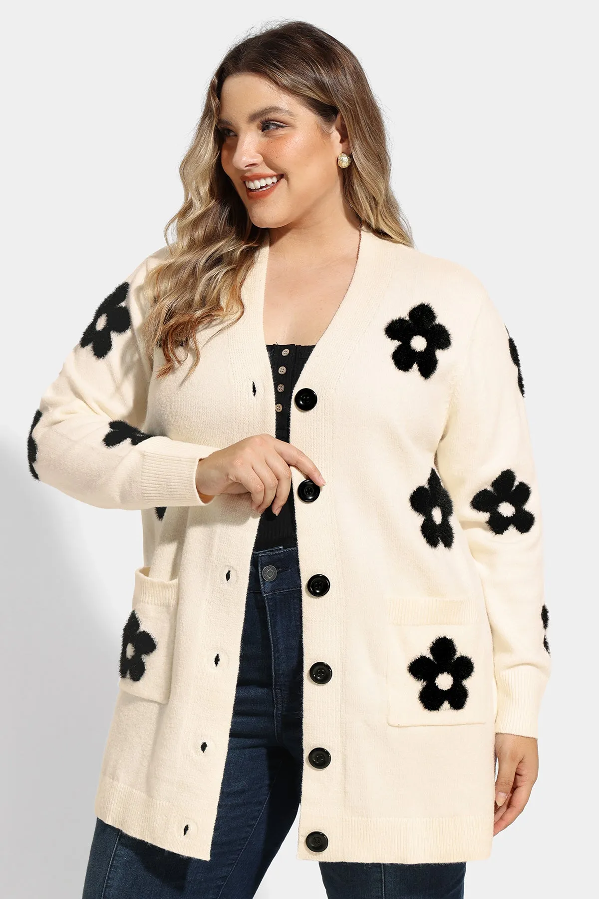 Pocket Floral Print Drop Shoulder Cardigan Sweater