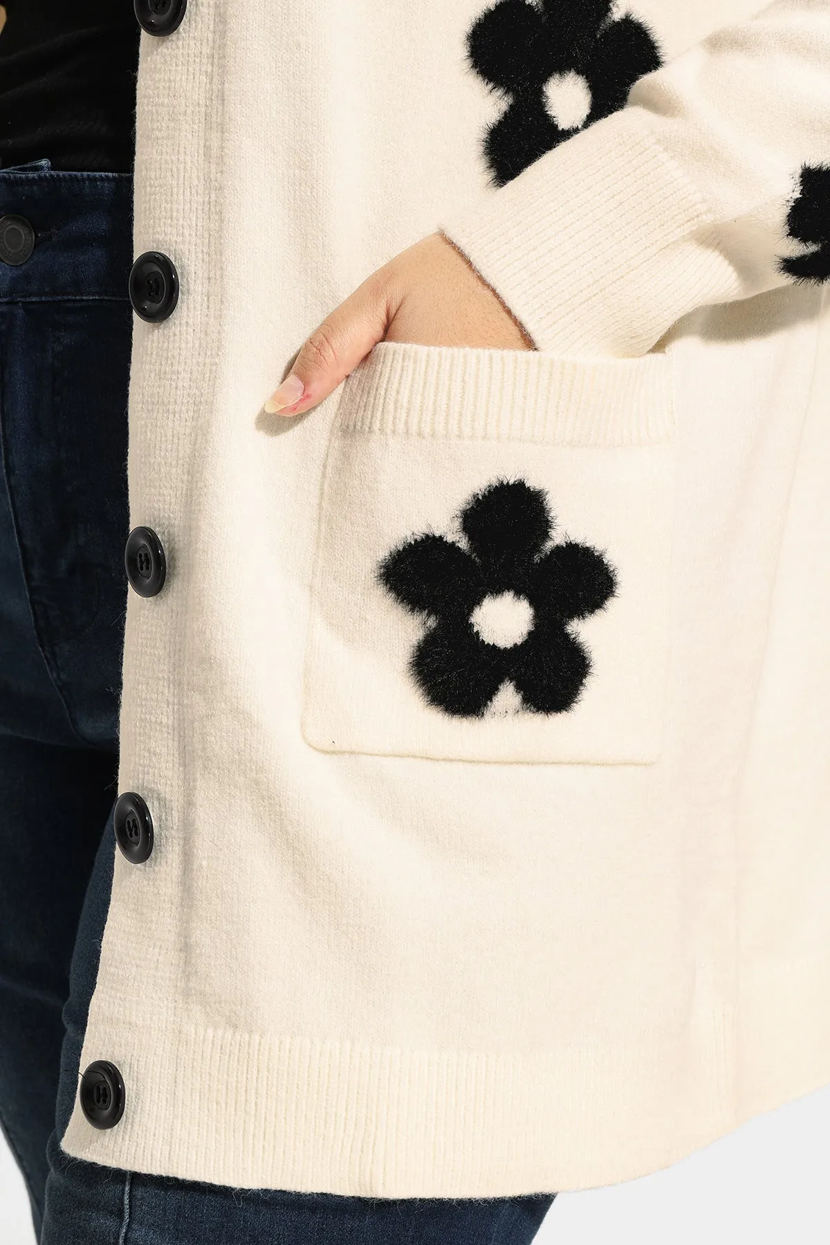 Pocket Floral Print Drop Shoulder Cardigan Sweater