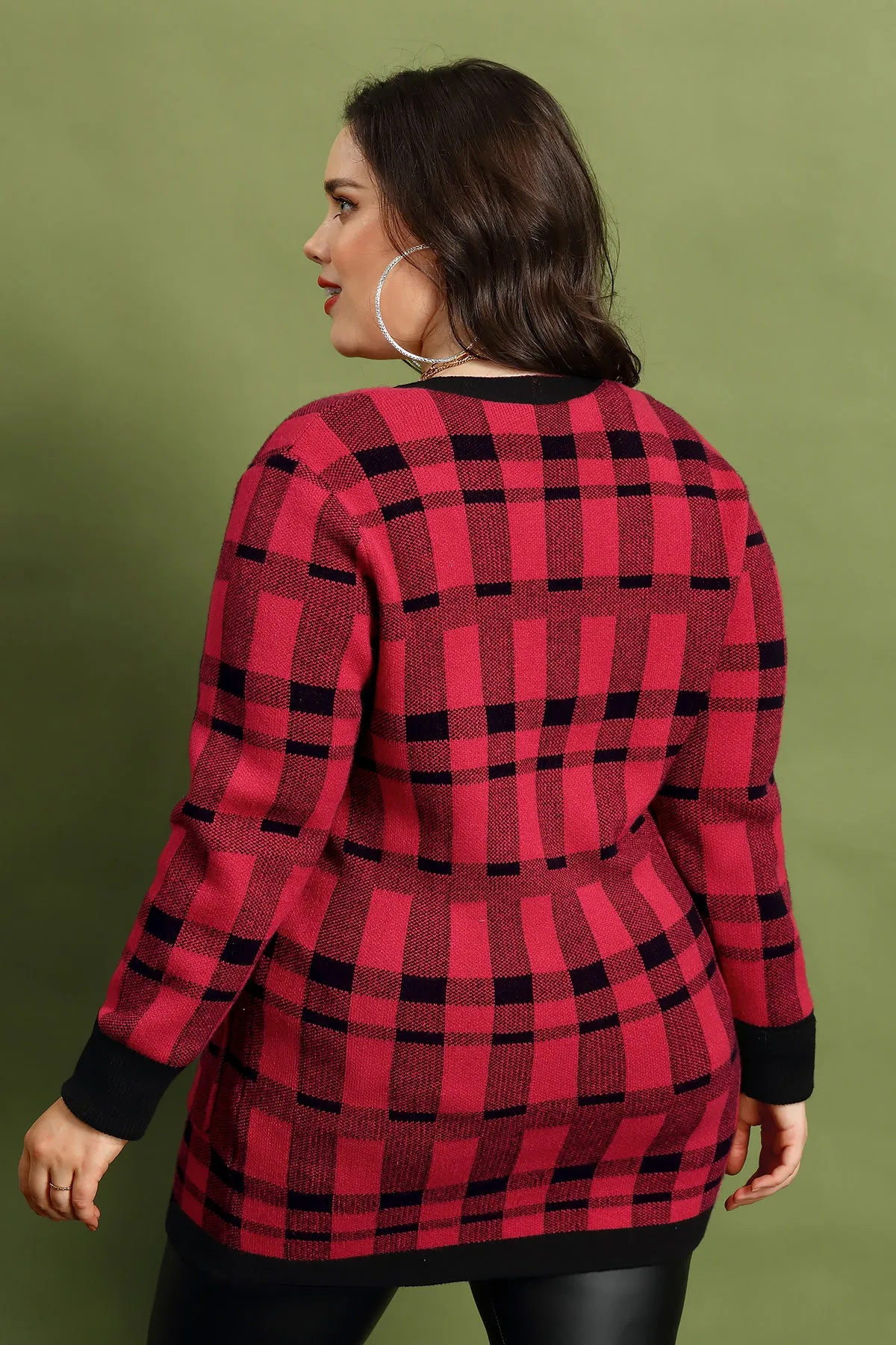 Pocket Plaid Patched Button Down Cardigan Sweater