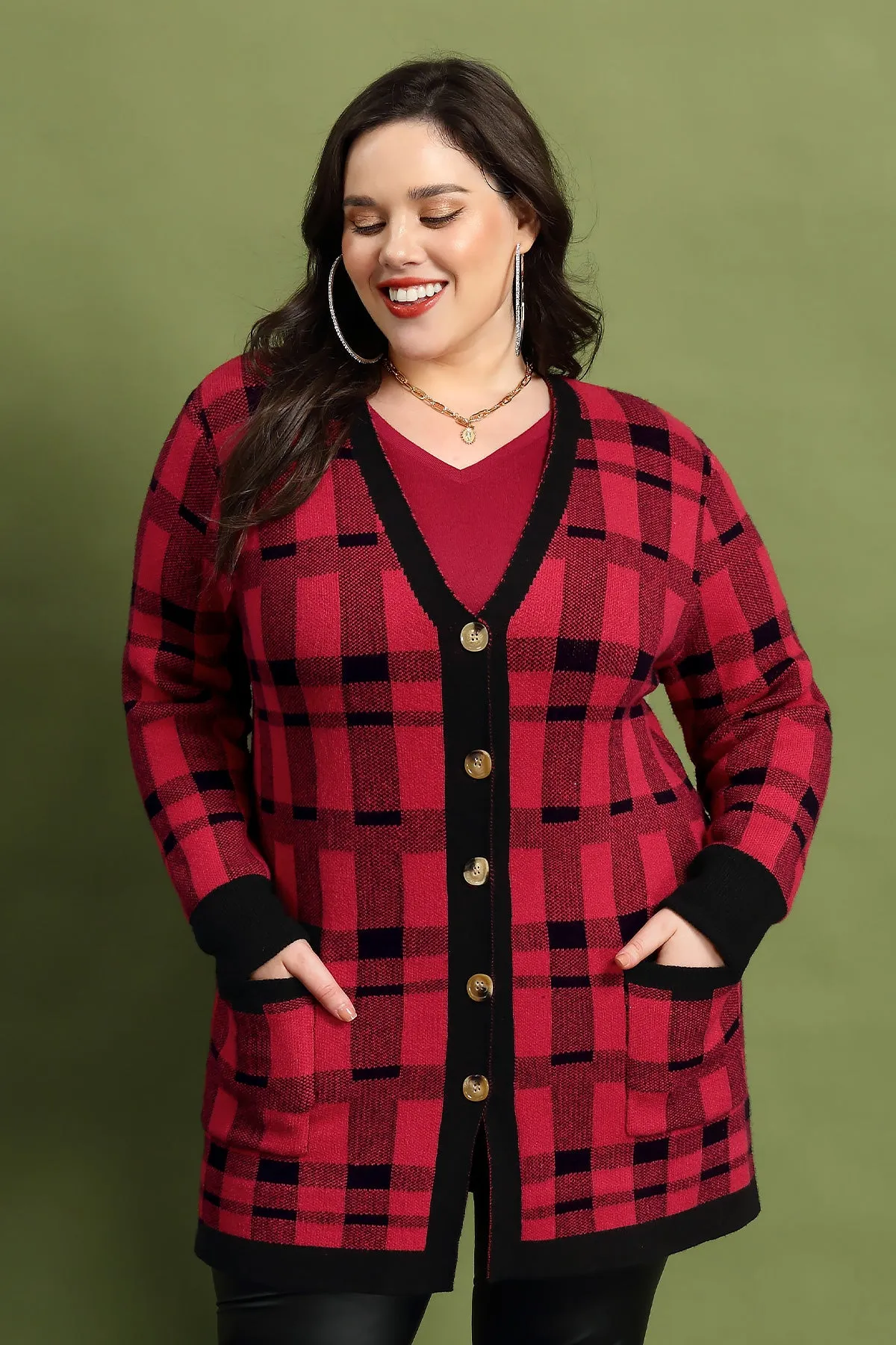 Pocket Plaid Patched Button Down Cardigan Sweater