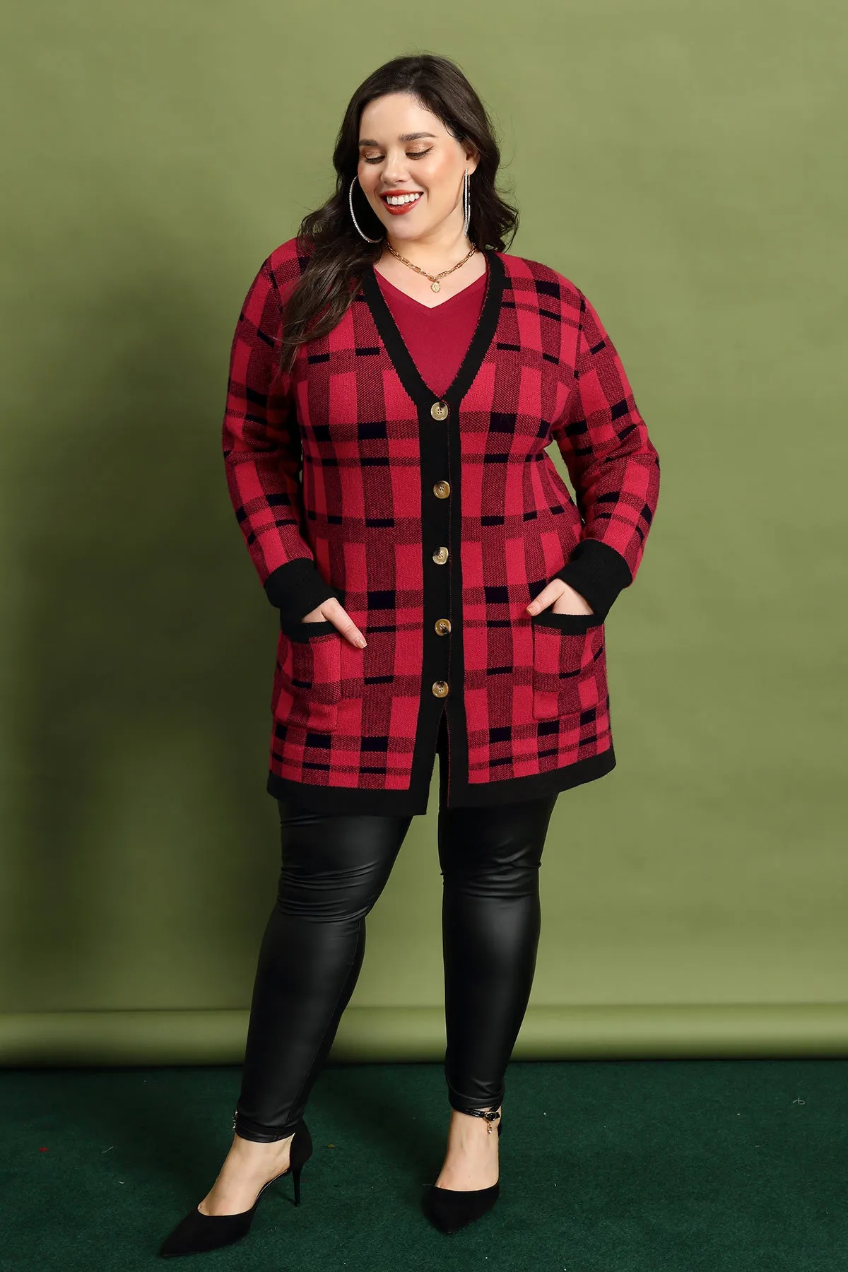 Pocket Plaid Patched Button Down Cardigan Sweater