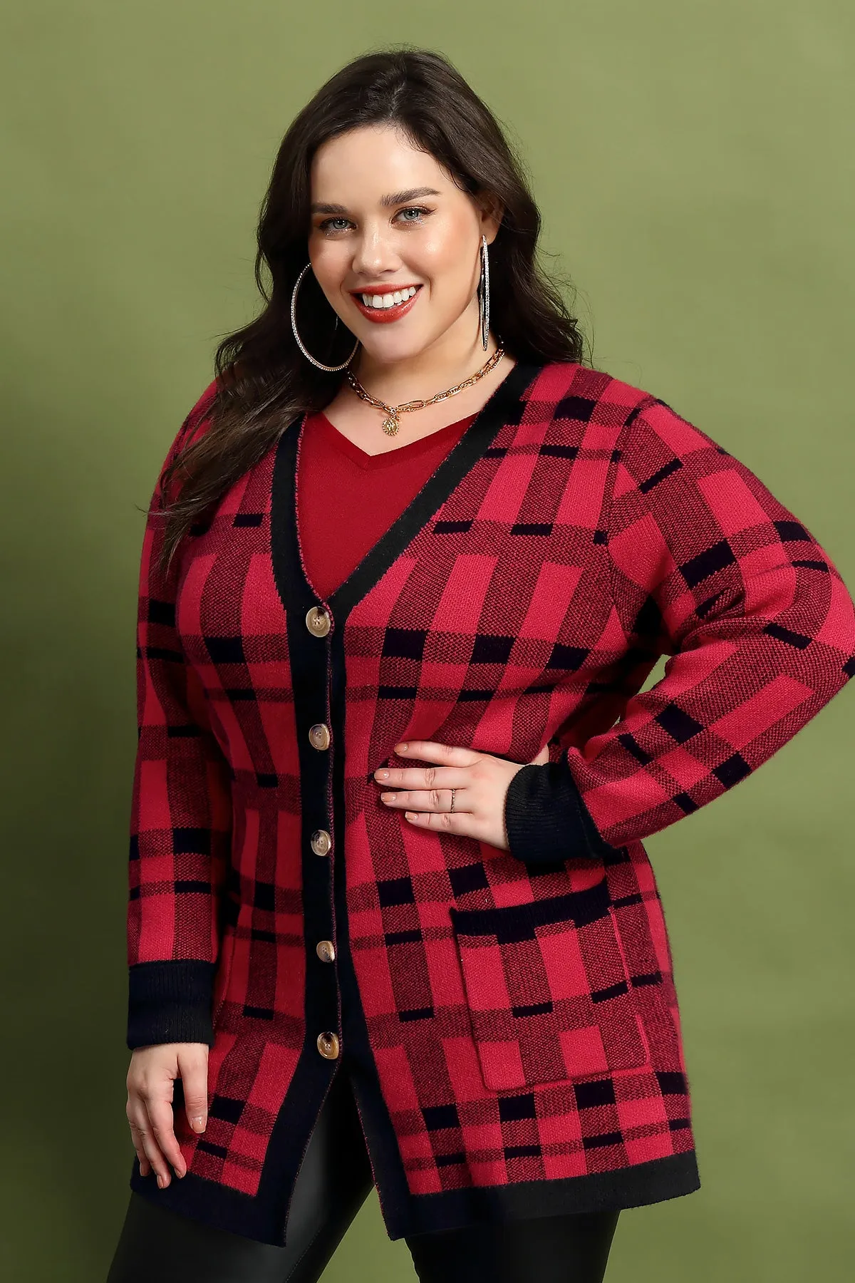 Pocket Plaid Patched Button Down Cardigan Sweater