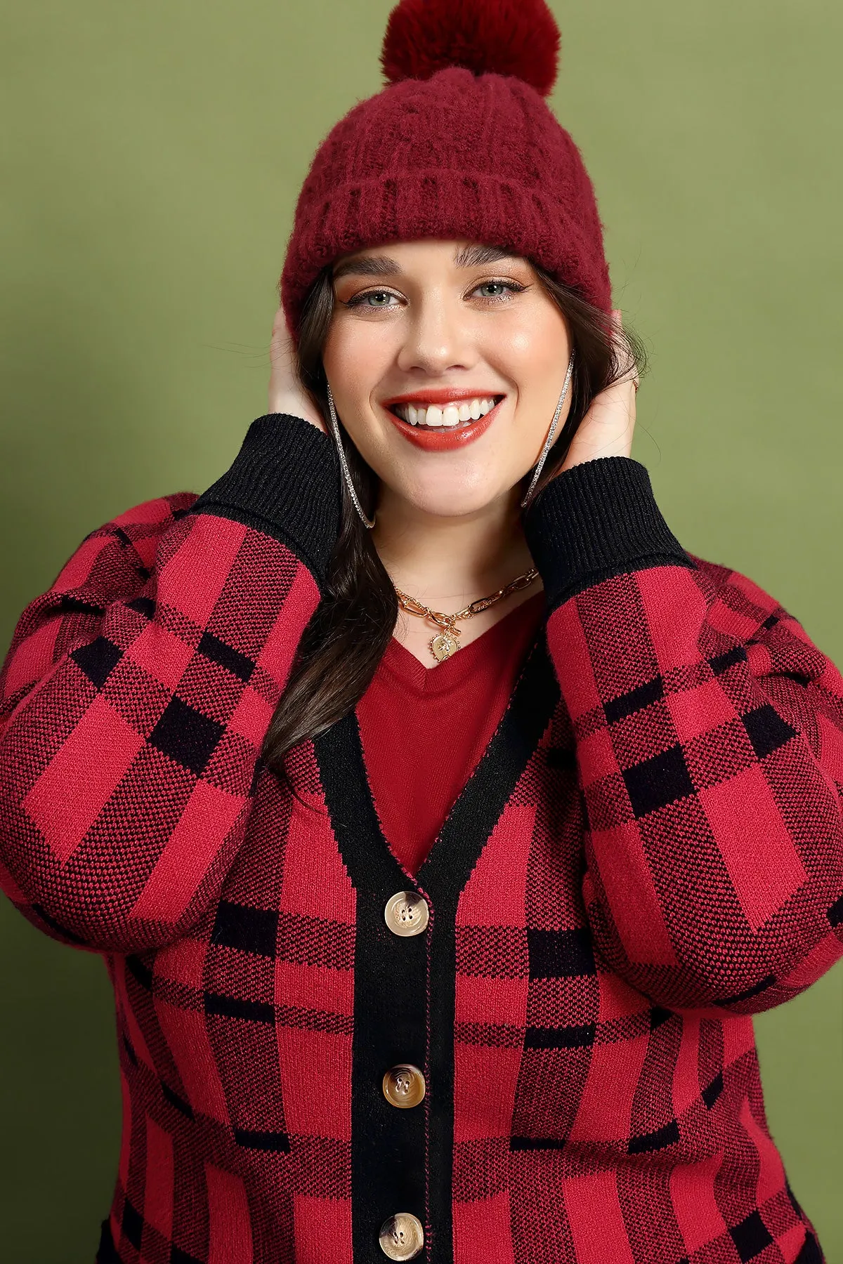 Pocket Plaid Patched Button Down Cardigan Sweater