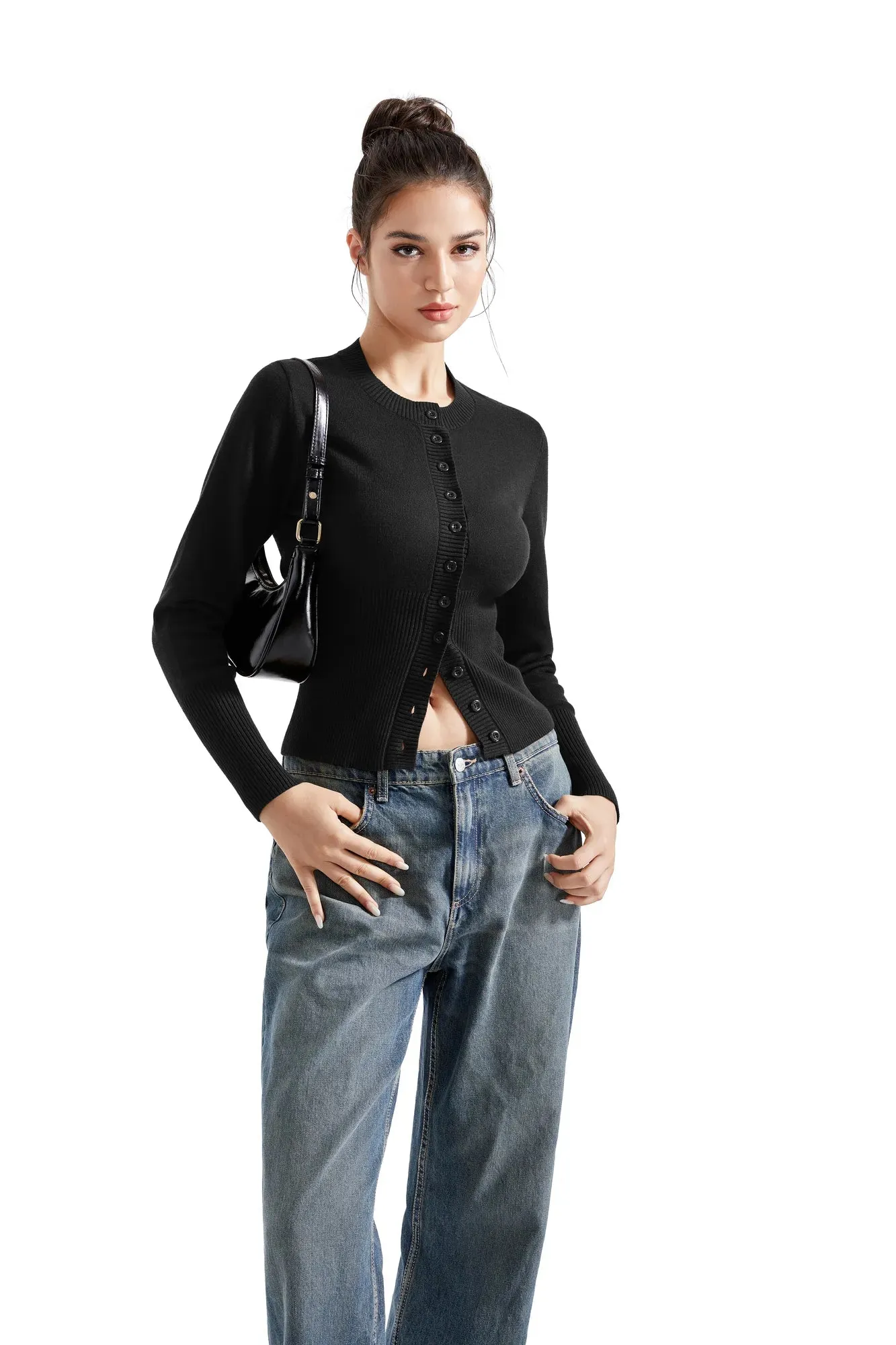 Ribbed Crew Neck Cardign Shirt - Long Sleeve