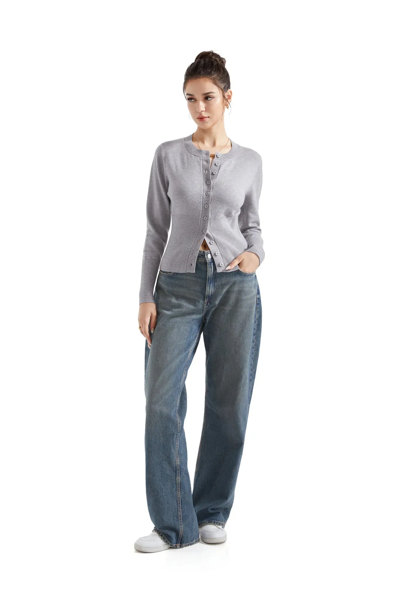 Ribbed Crew Neck Cardign Shirt - Long Sleeve