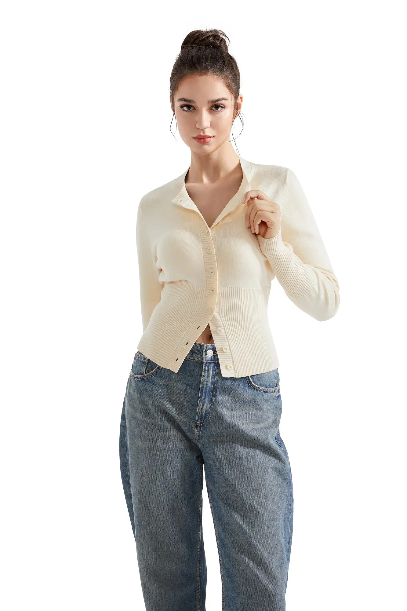 Ribbed Crew Neck Cardign Shirt - Long Sleeve
