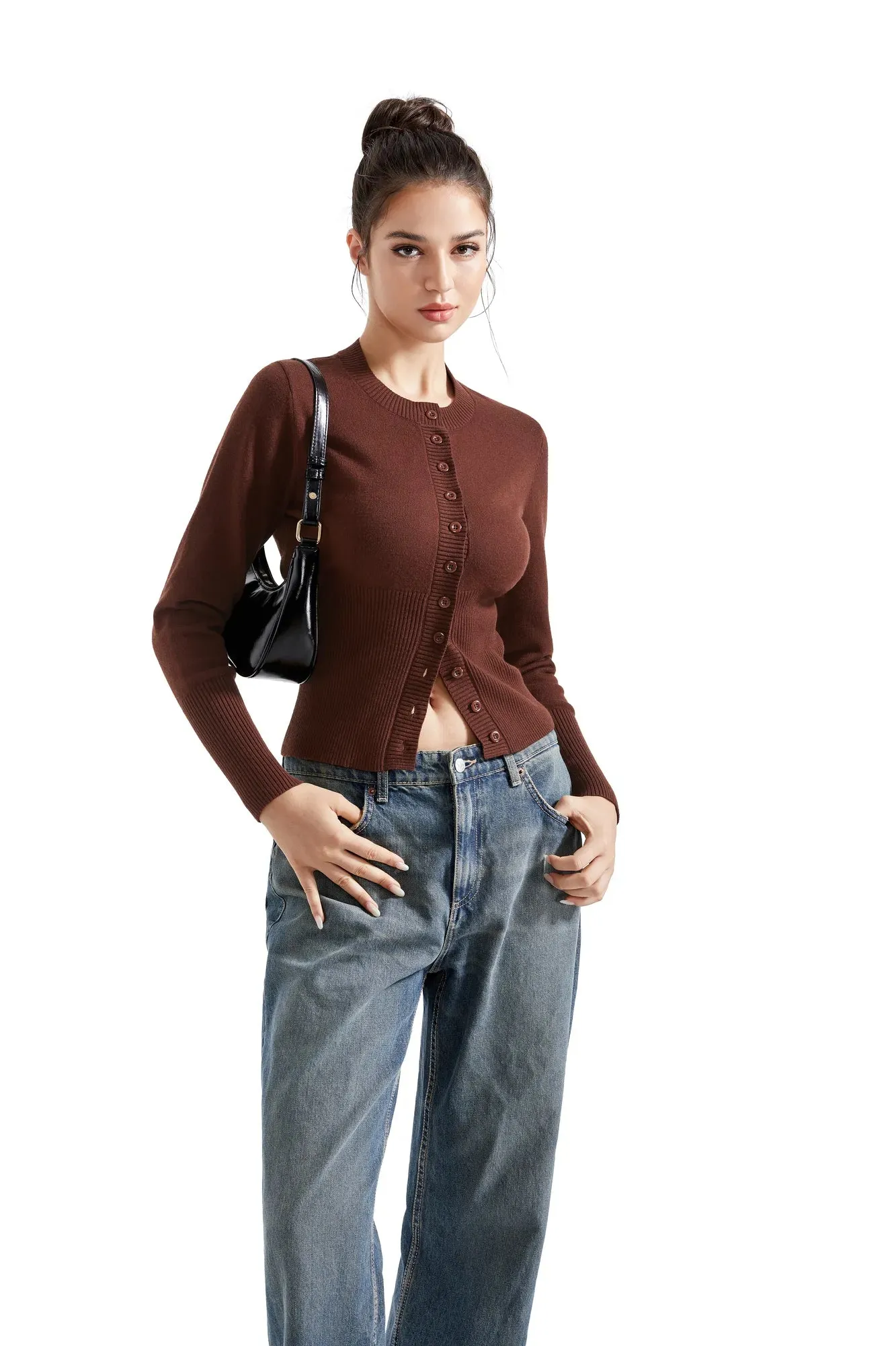 Ribbed Crew Neck Cardign Shirt - Long Sleeve
