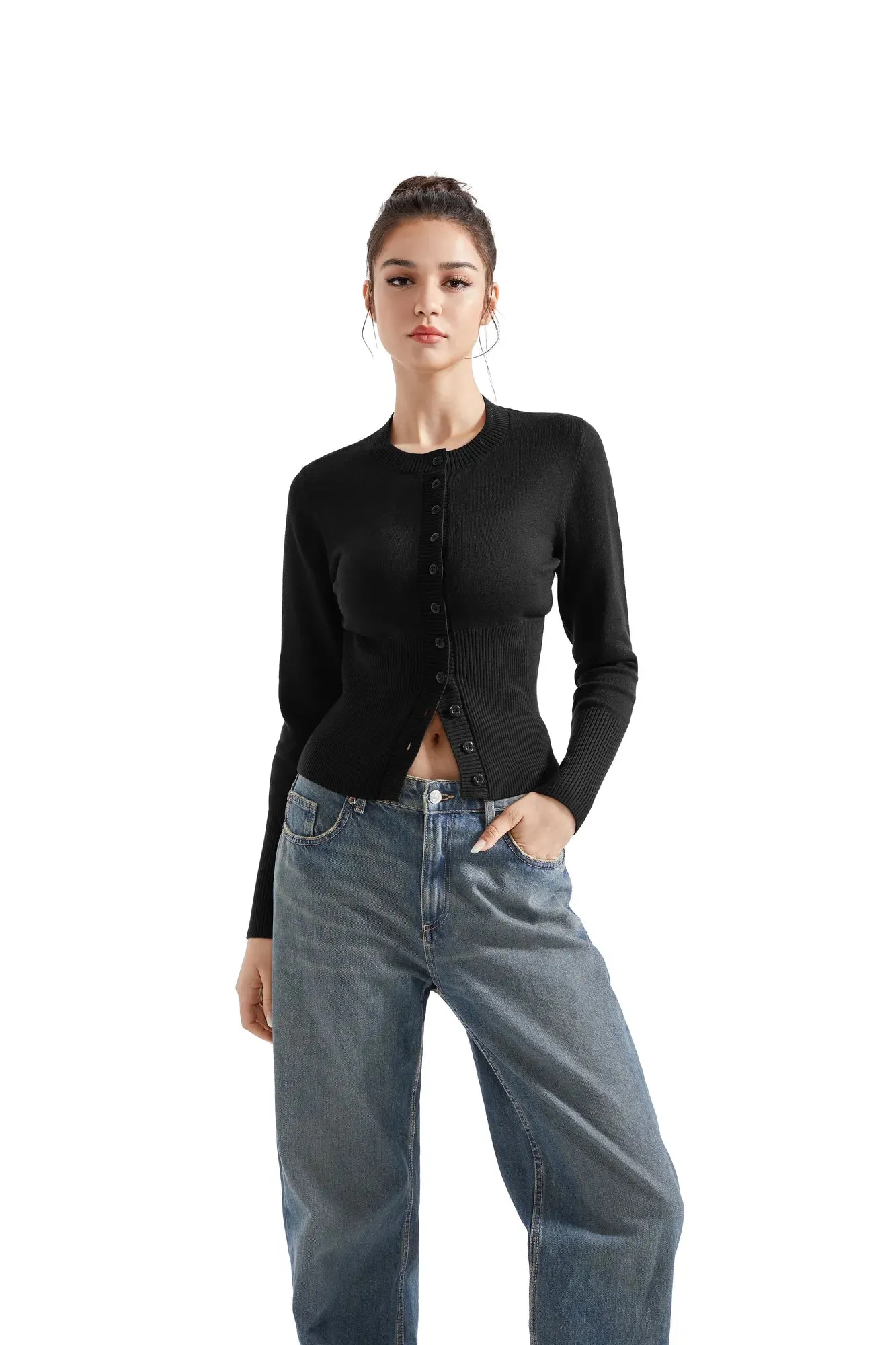 Ribbed Crew Neck Cardign Shirt - Long Sleeve
