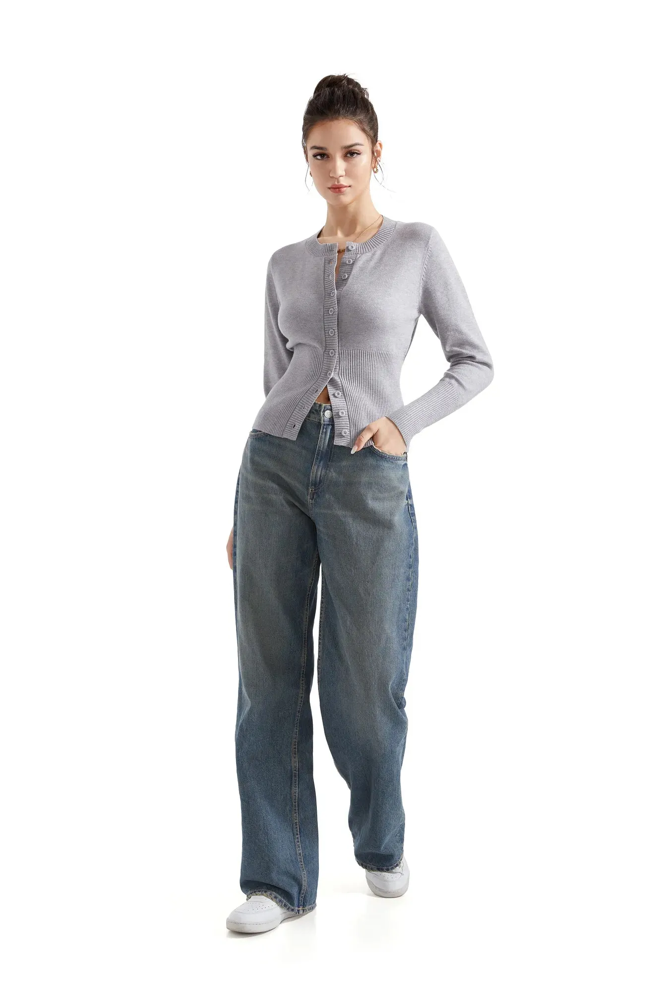 Ribbed Crew Neck Cardign Shirt - Long Sleeve