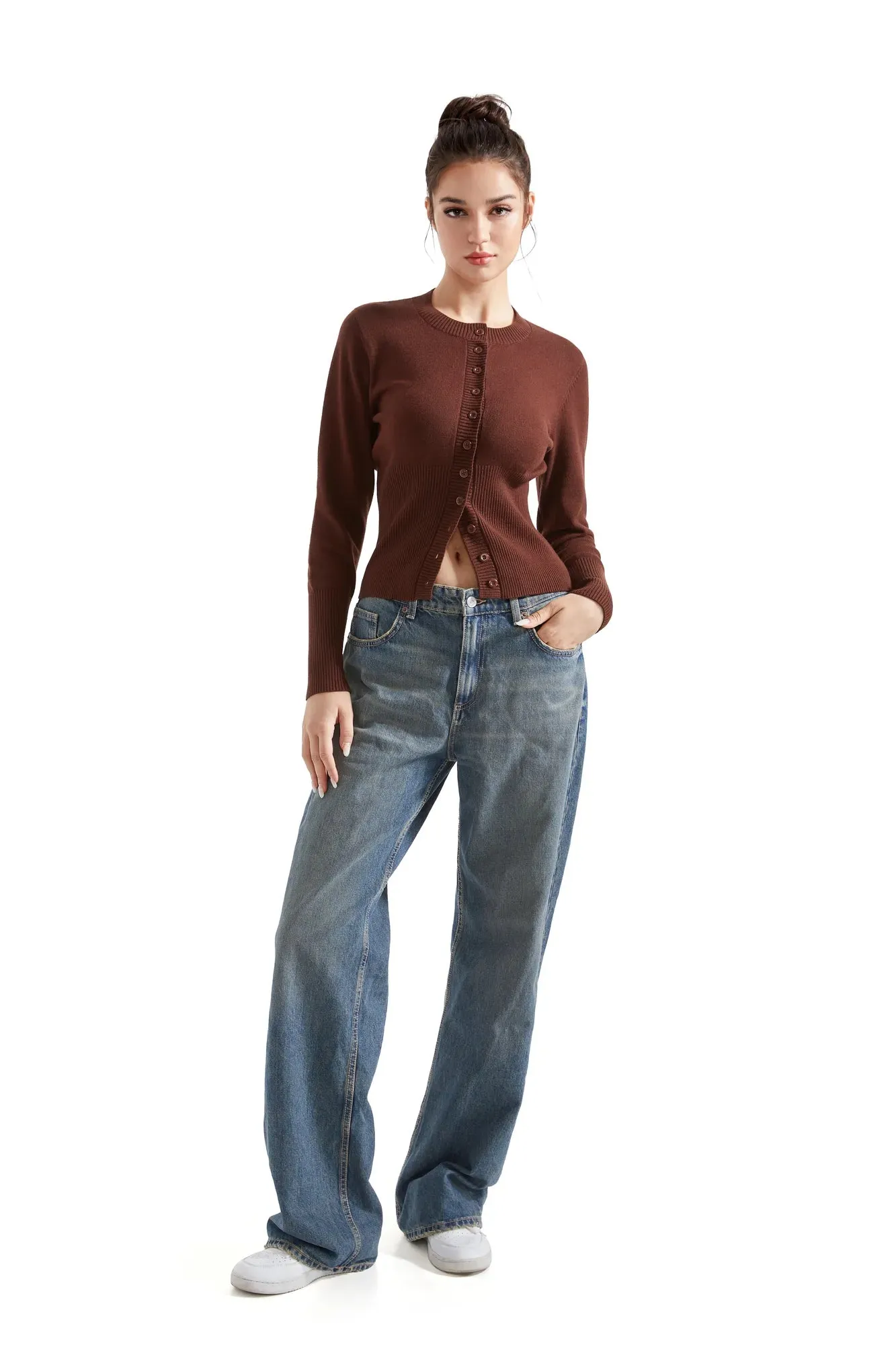 Ribbed Crew Neck Cardign Shirt - Long Sleeve