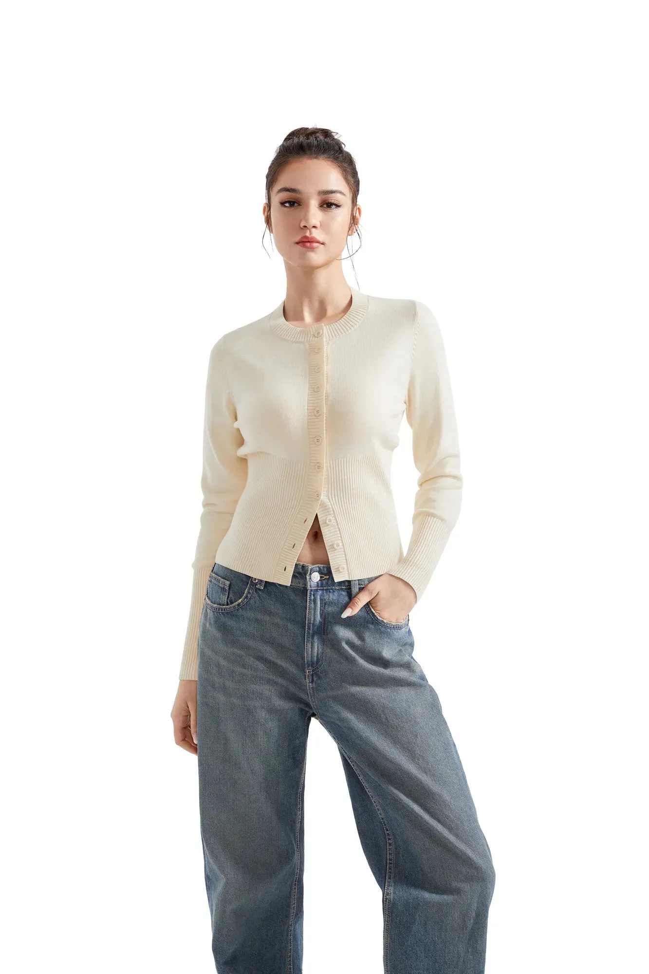 Ribbed Crew Neck Cardign Shirt - Long Sleeve