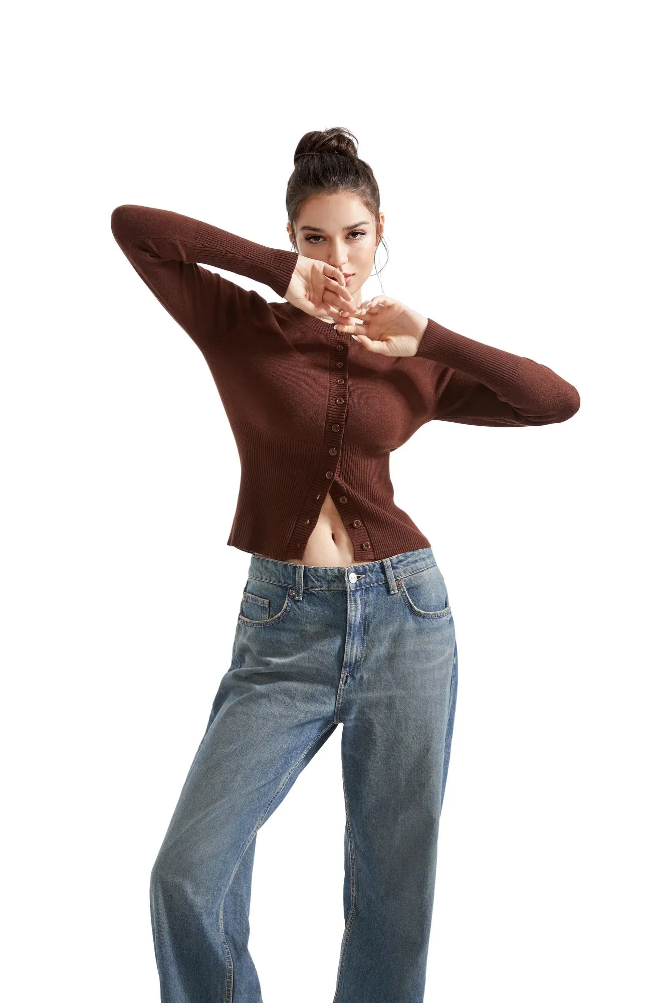 Ribbed Crew Neck Cardign Shirt - Long Sleeve