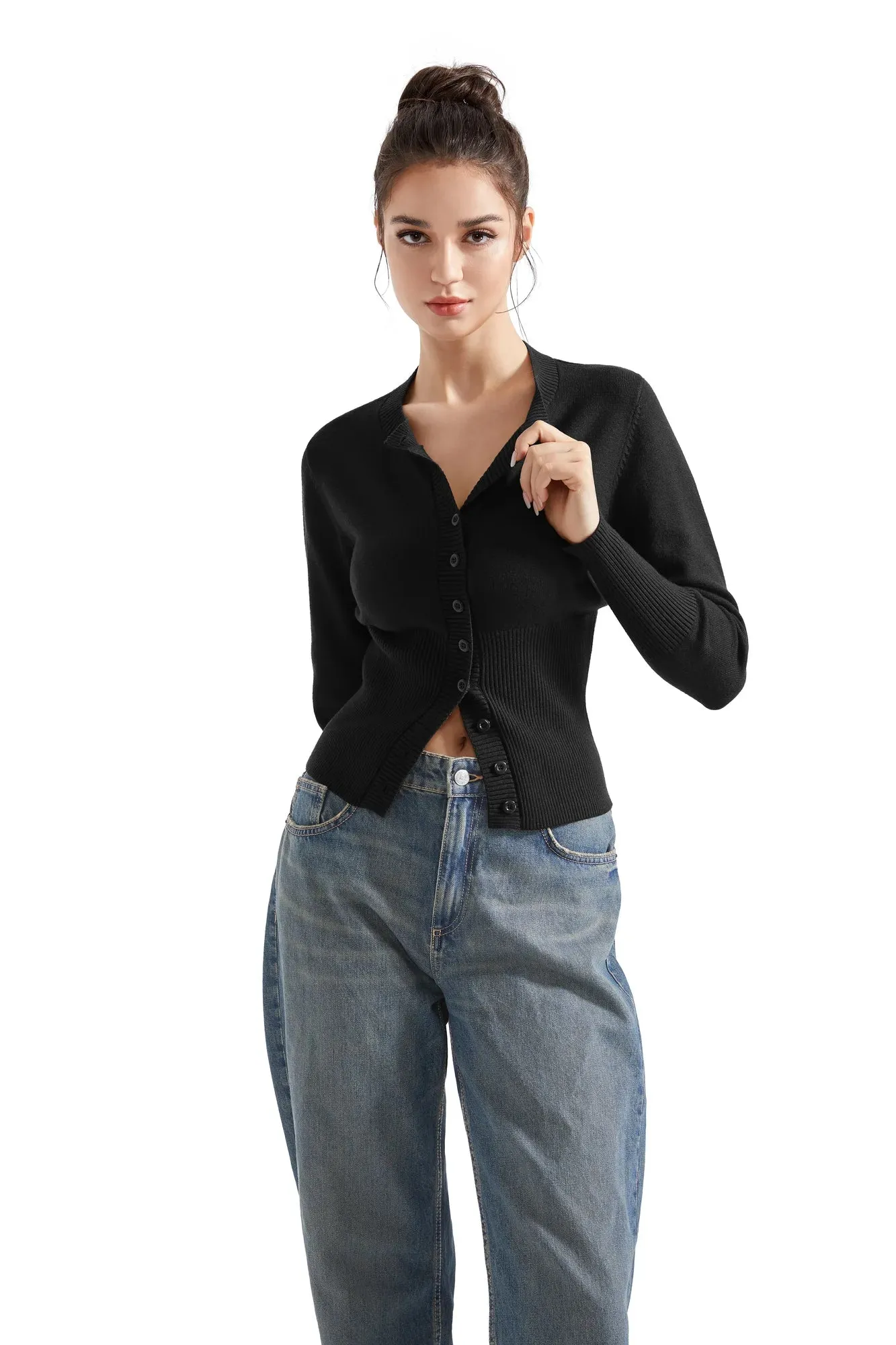 Ribbed Crew Neck Cardign Shirt - Long Sleeve
