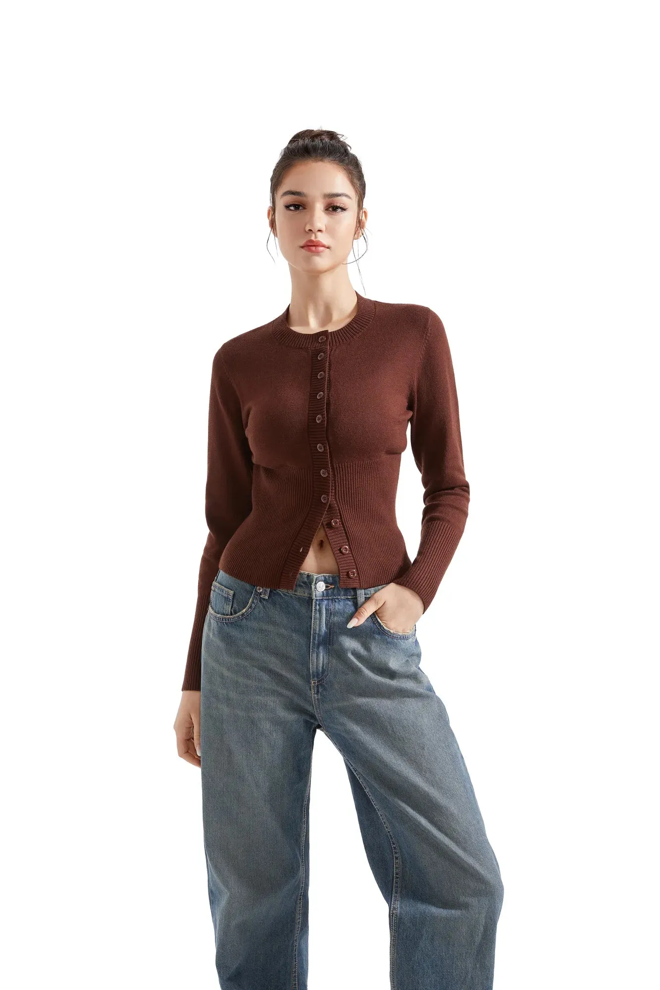 Ribbed Crew Neck Cardign Shirt - Long Sleeve