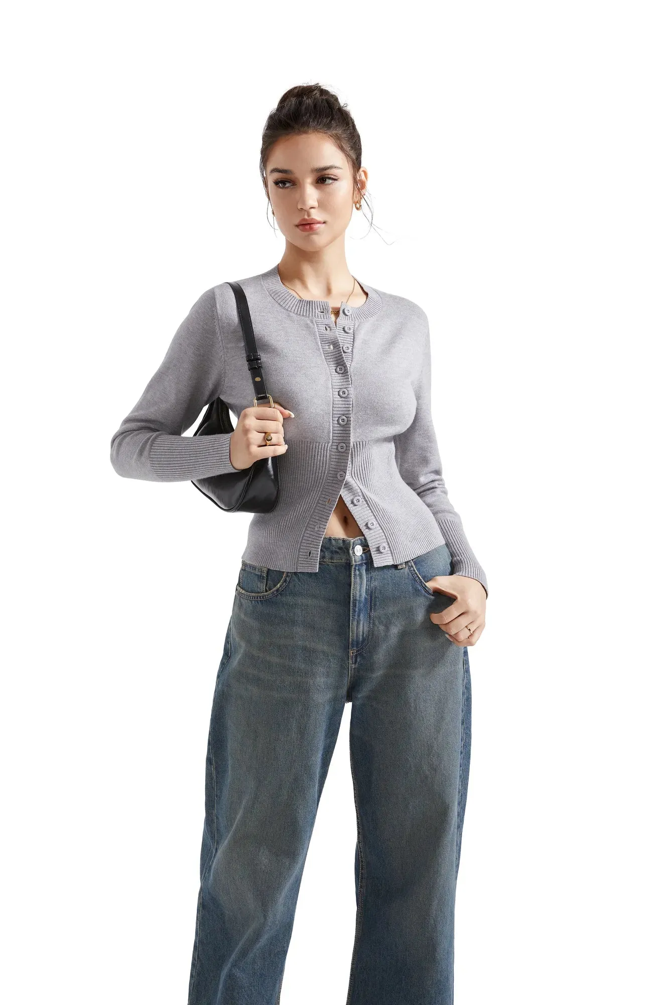 Ribbed Crew Neck Cardign Shirt - Long Sleeve