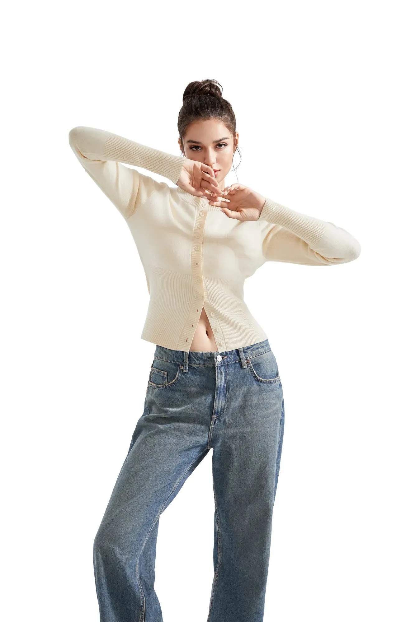 Ribbed Crew Neck Cardign Shirt - Long Sleeve