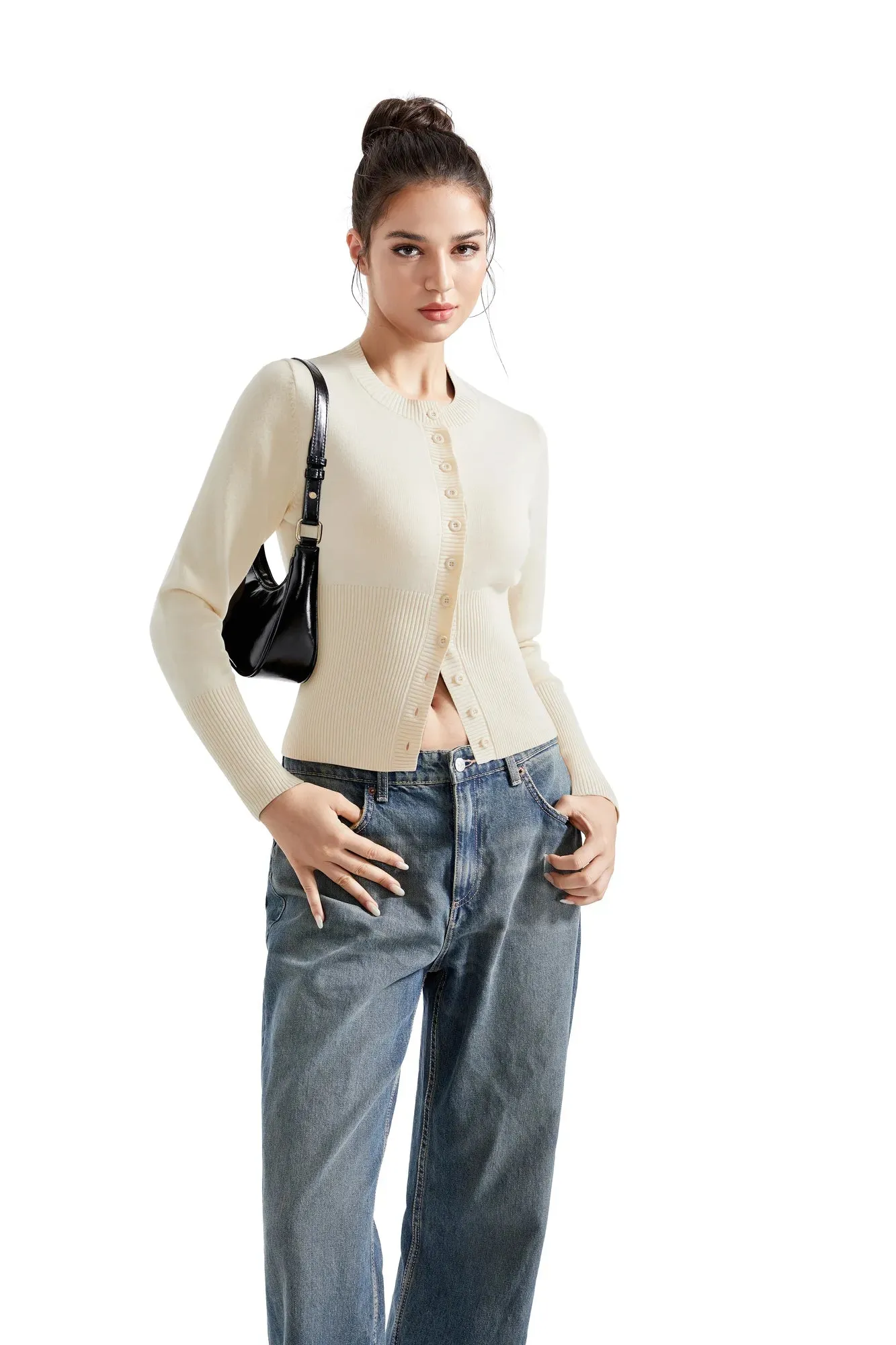 Ribbed Crew Neck Cardign Shirt - Long Sleeve