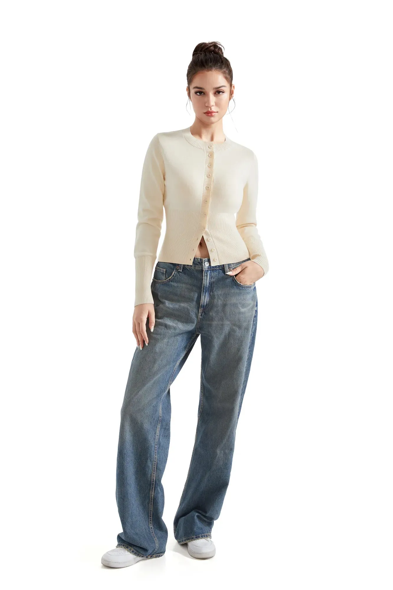 Ribbed Crew Neck Cardign Shirt - Long Sleeve