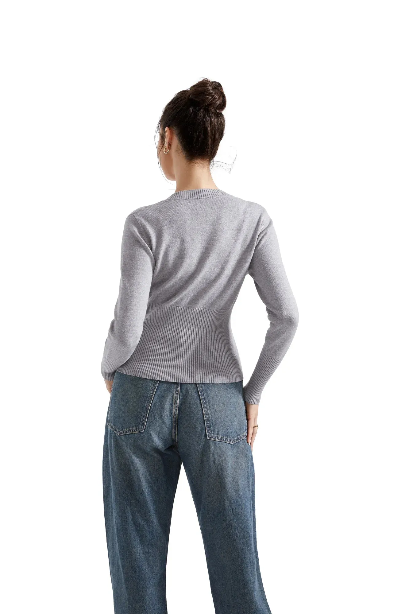 Ribbed Crew Neck Cardign Shirt - Long Sleeve