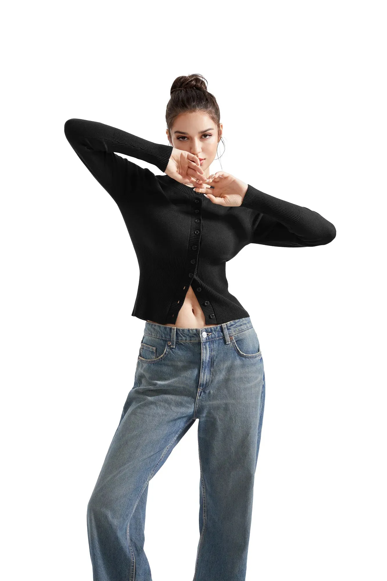 Ribbed Crew Neck Cardign Shirt - Long Sleeve