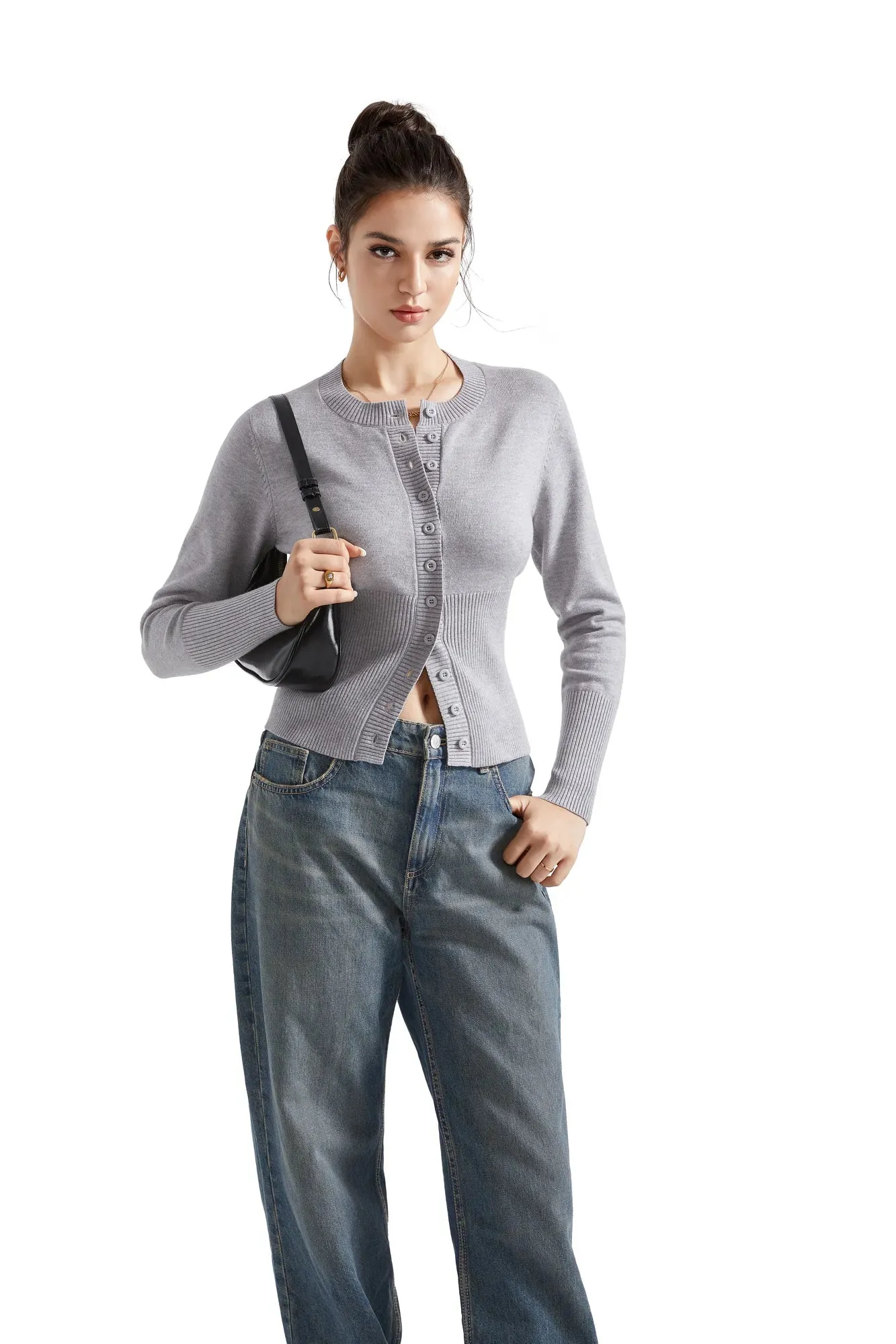 Ribbed Crew Neck Cardign Shirt - Long Sleeve