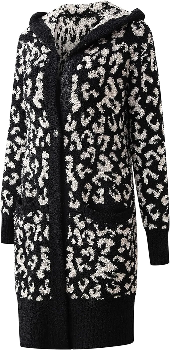 Richie House Hooded Lounge Long CARDIGAN Sweater Fluffy Knit Black Leopard Open Front RHW4098