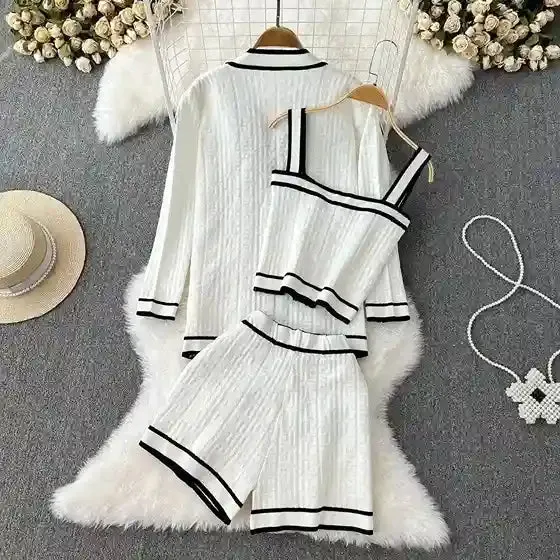 Rosa Knitted Tank Tops With Buttoned Cardigan & Shorts Set