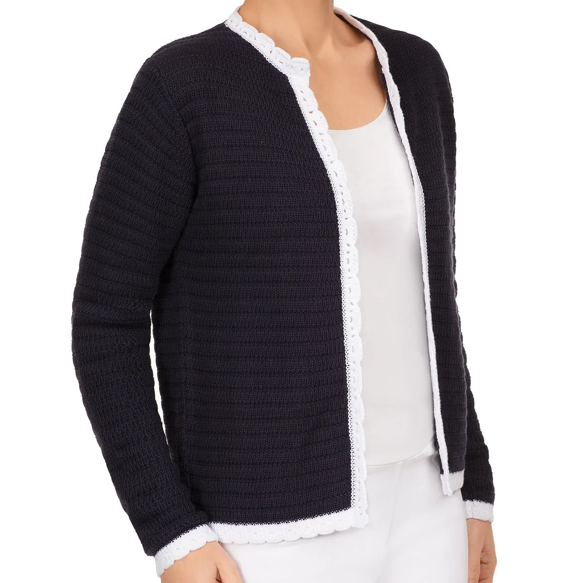 Scallop Edge Cardigan in Navy/White