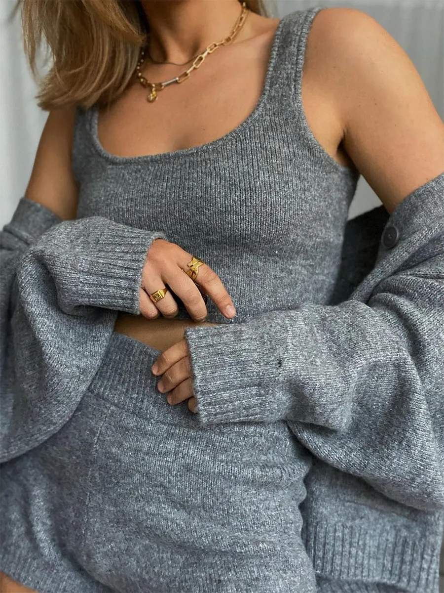 Solid Color Casual Knitted Vest Cardigan Three-piece Suit