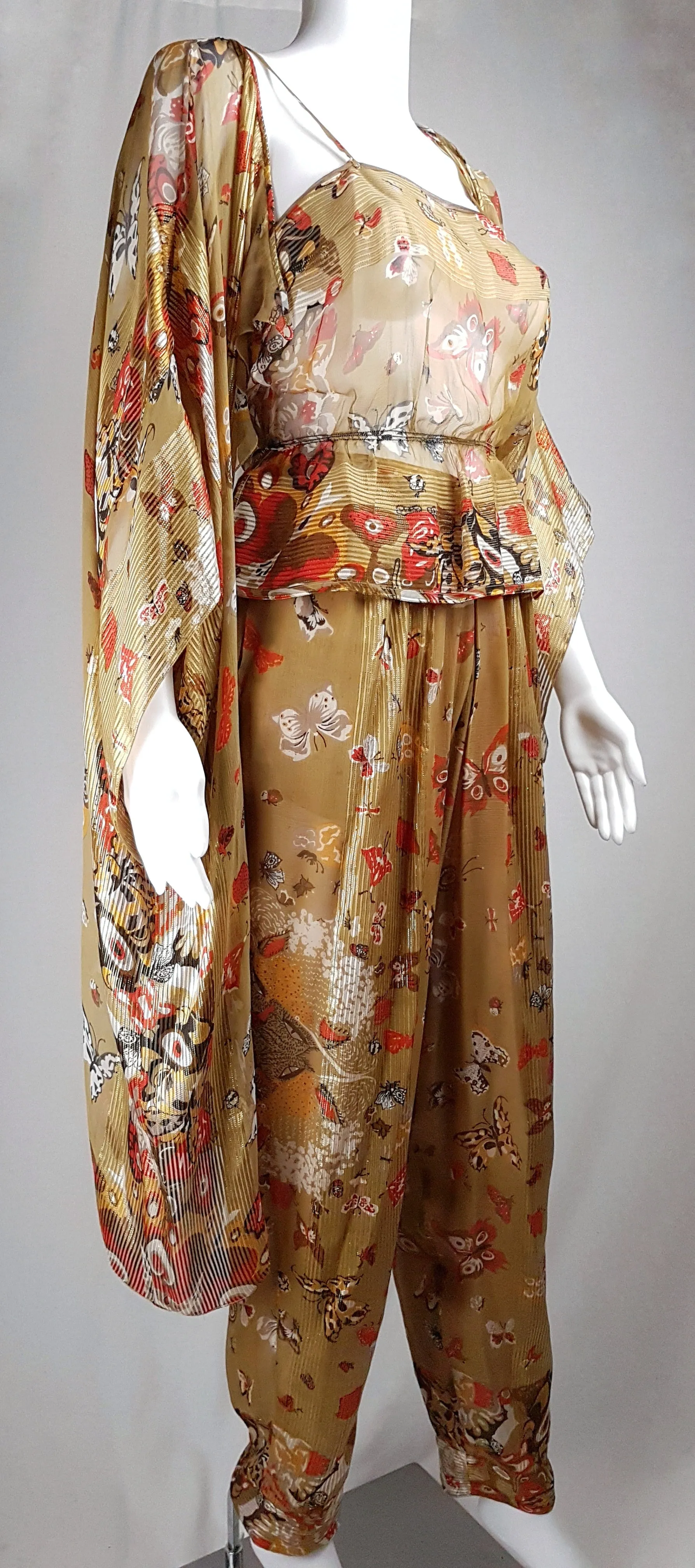 Vintage 1980's | Rare Soo Yung Lee | 3 Piece Gold Silk Butterfly Kaftan & Pant Ensemble