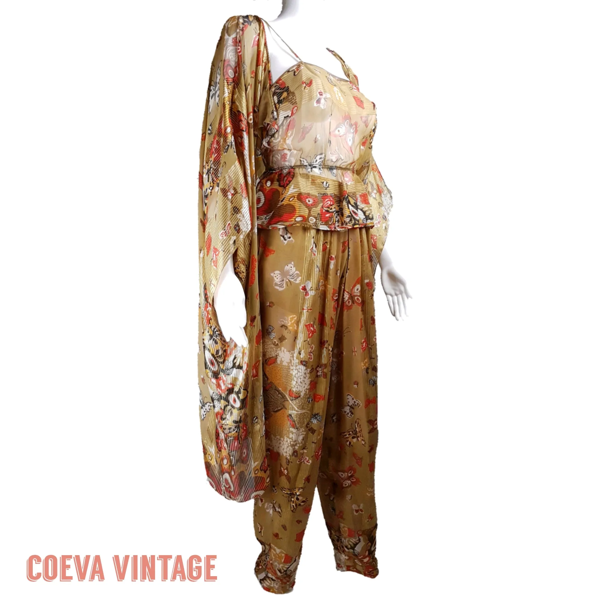 Vintage 1980's | Rare Soo Yung Lee | 3 Piece Gold Silk Butterfly Kaftan & Pant Ensemble
