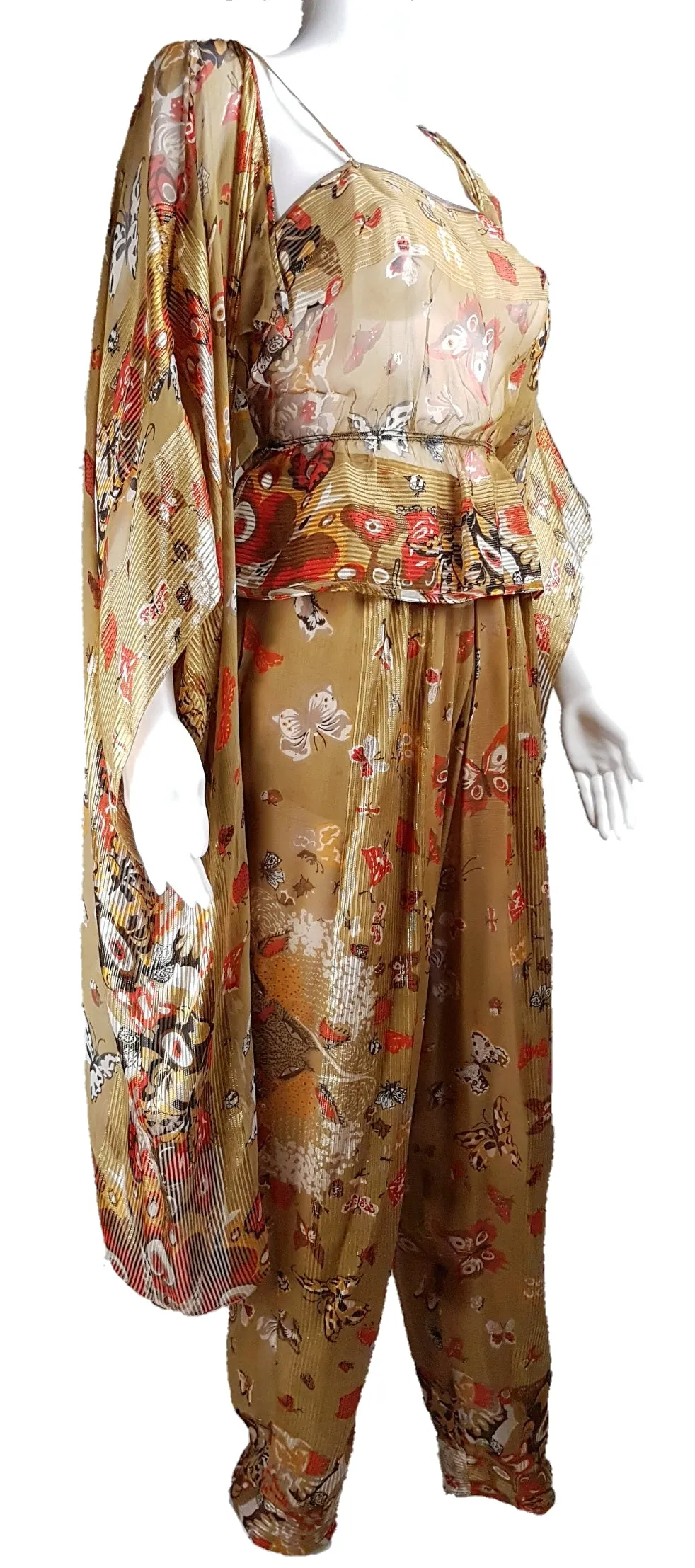Vintage 1980's | Rare Soo Yung Lee | 3 Piece Gold Silk Butterfly Kaftan & Pant Ensemble