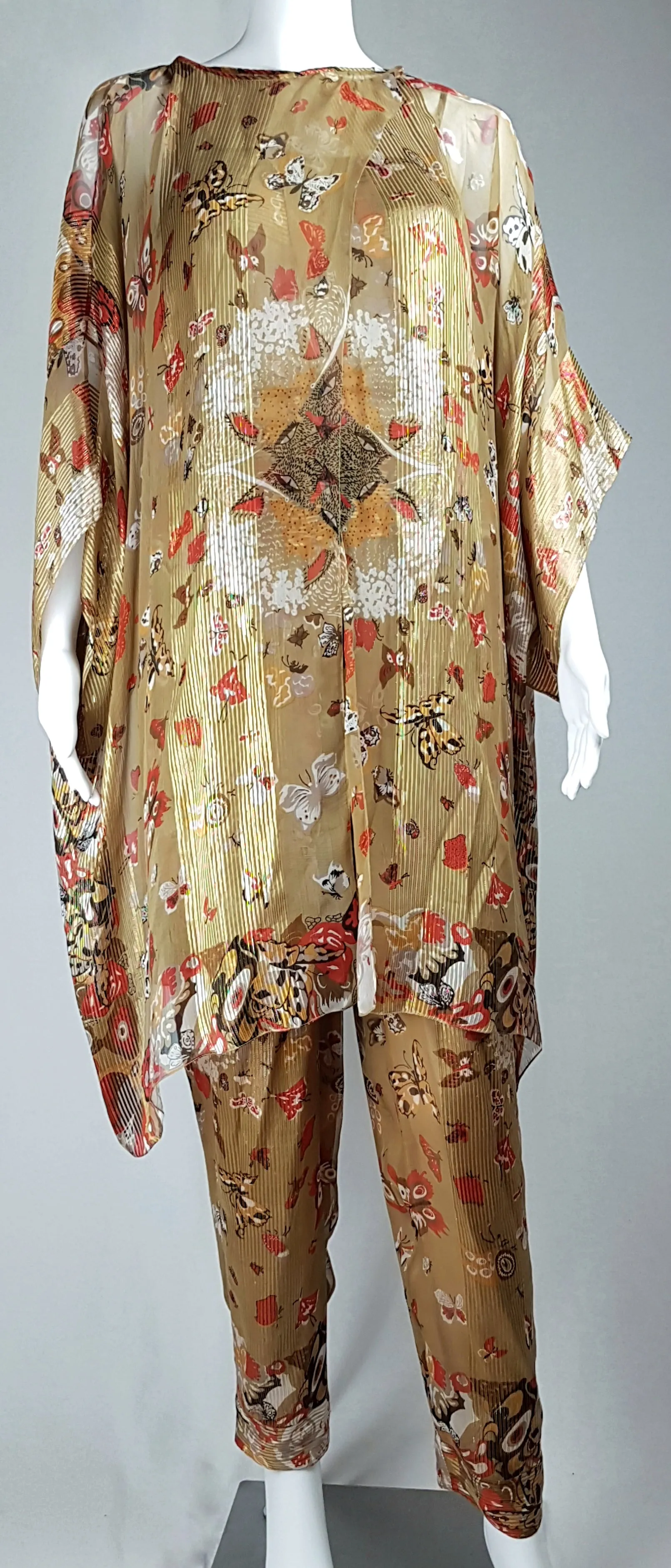 Vintage 1980's | Rare Soo Yung Lee | 3 Piece Gold Silk Butterfly Kaftan & Pant Ensemble