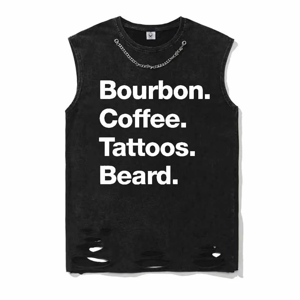 Vintage Washed Bourbon Coffee Tattoos Beard Cotton Vest Top