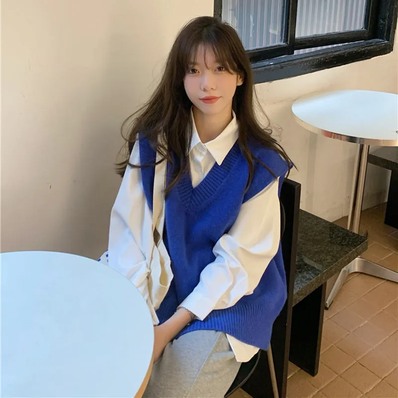 Wjczt going out outfits Klein Blue Solid Color Sweater Vest Knitted Coat Women's Clothing Autumn and Winter 2024 New Outdoor V-neck Top