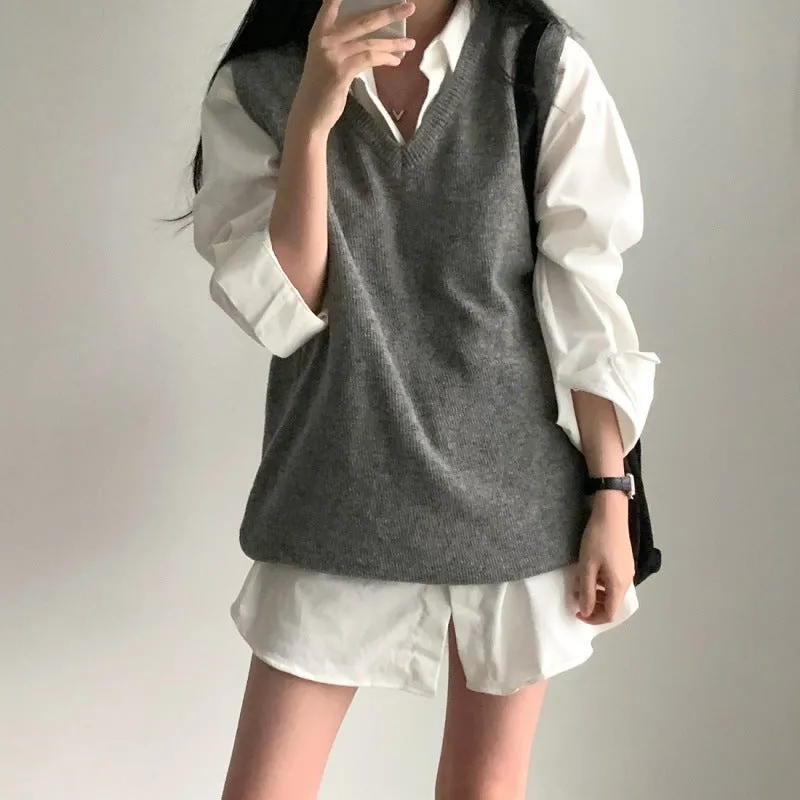 Wjczt style Chic Autumn Simple All-Match V-neck Solid Color Pullover Mid-Length Knitted Vest for Women