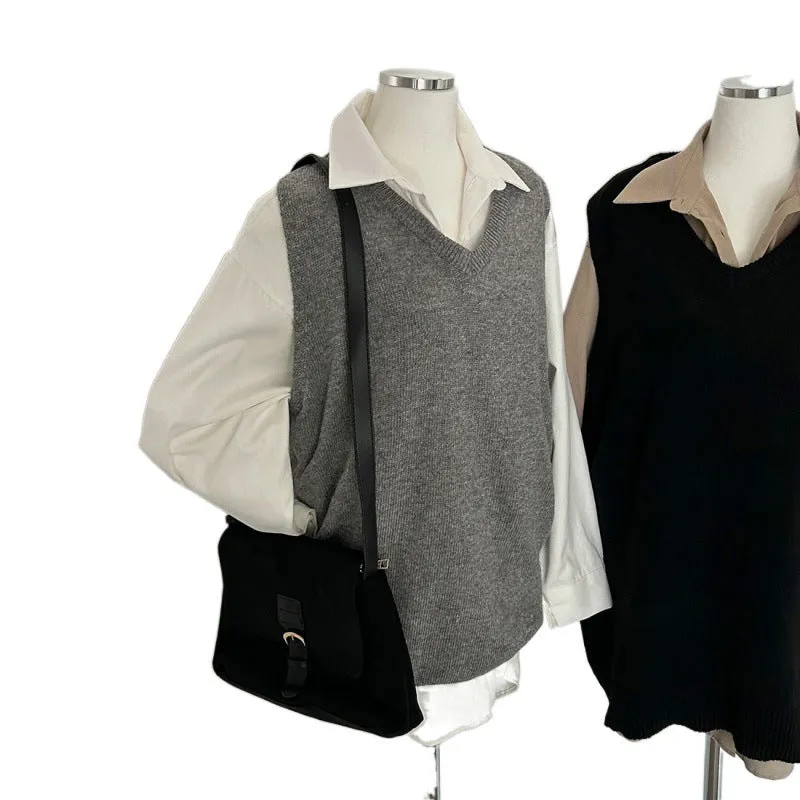 Wjczt style Chic Autumn Simple All-Match V-neck Solid Color Pullover Mid-Length Knitted Vest for Women