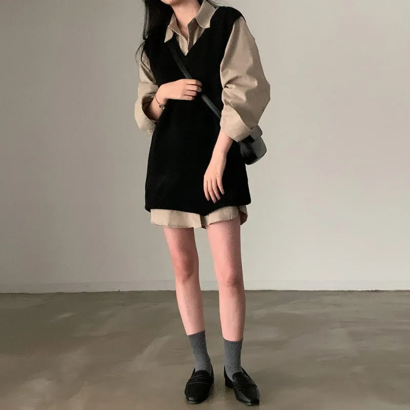 Wjczt style Chic Autumn Simple All-Match V-neck Solid Color Pullover Mid-Length Knitted Vest for Women