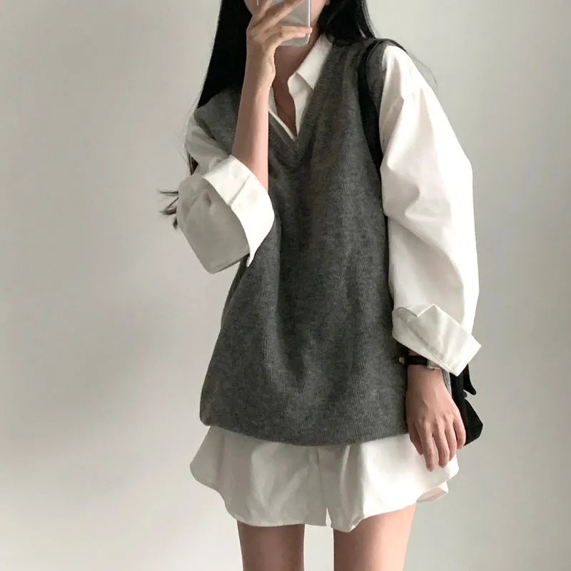 Wjczt style Chic Autumn Simple All-Match V-neck Solid Color Pullover Mid-Length Knitted Vest for Women
