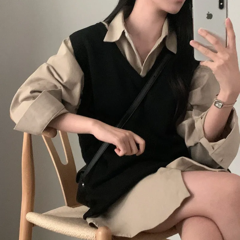 Wjczt style Chic Autumn Simple All-Match V-neck Solid Color Pullover Mid-Length Knitted Vest for Women