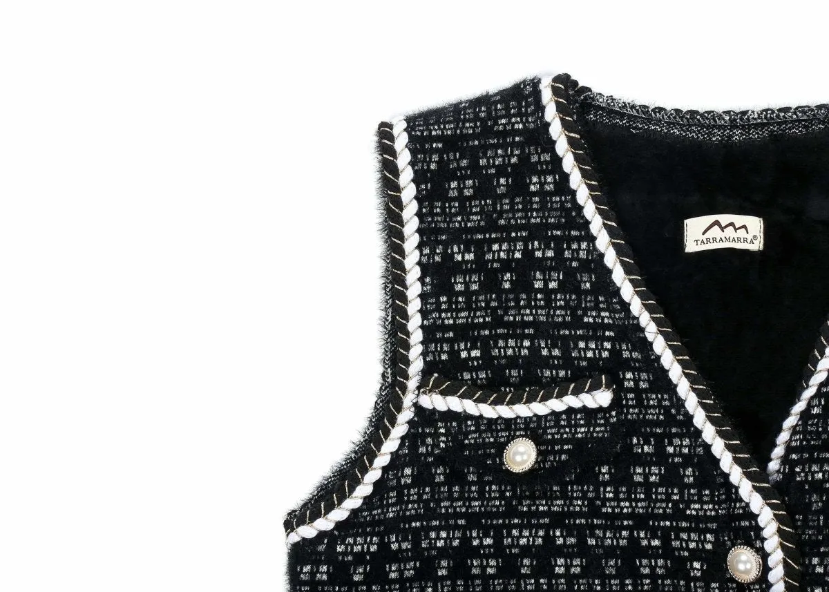 Women Tweed Vest Pearl Twist Knitted Vest