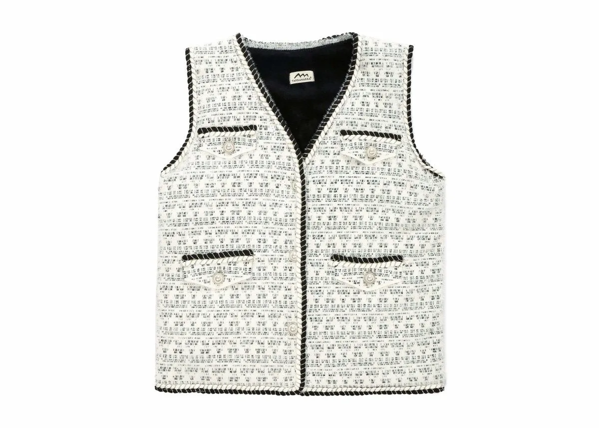 Women Tweed Vest Pearl Twist Knitted Vest